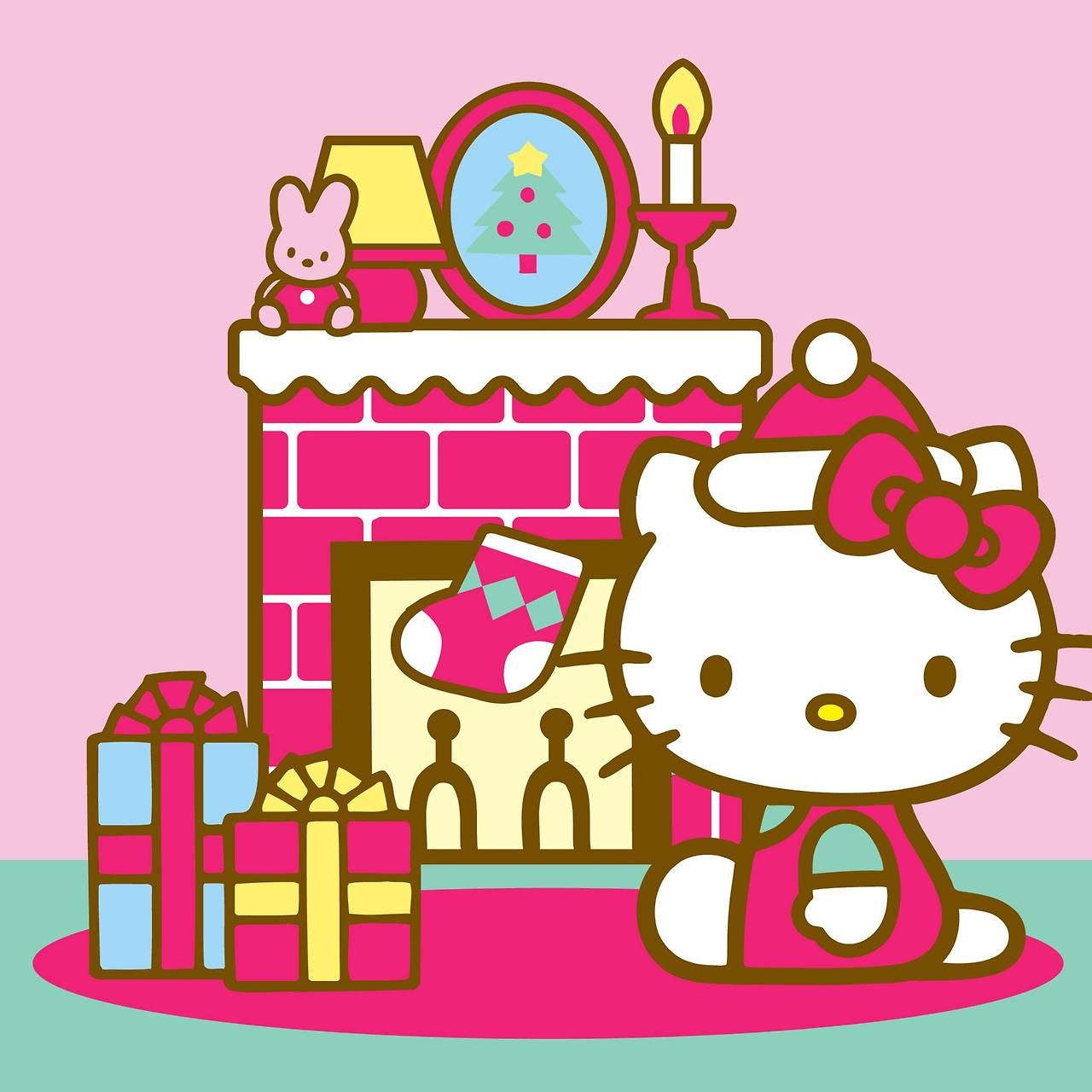 Hello Kitty character beside pink Christmas fireplace with presents and stockings