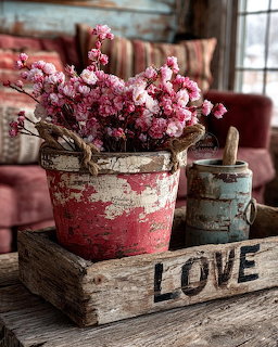 Pink flowers in a weathered red pot inside a wooden LOVE crate with a small blue container