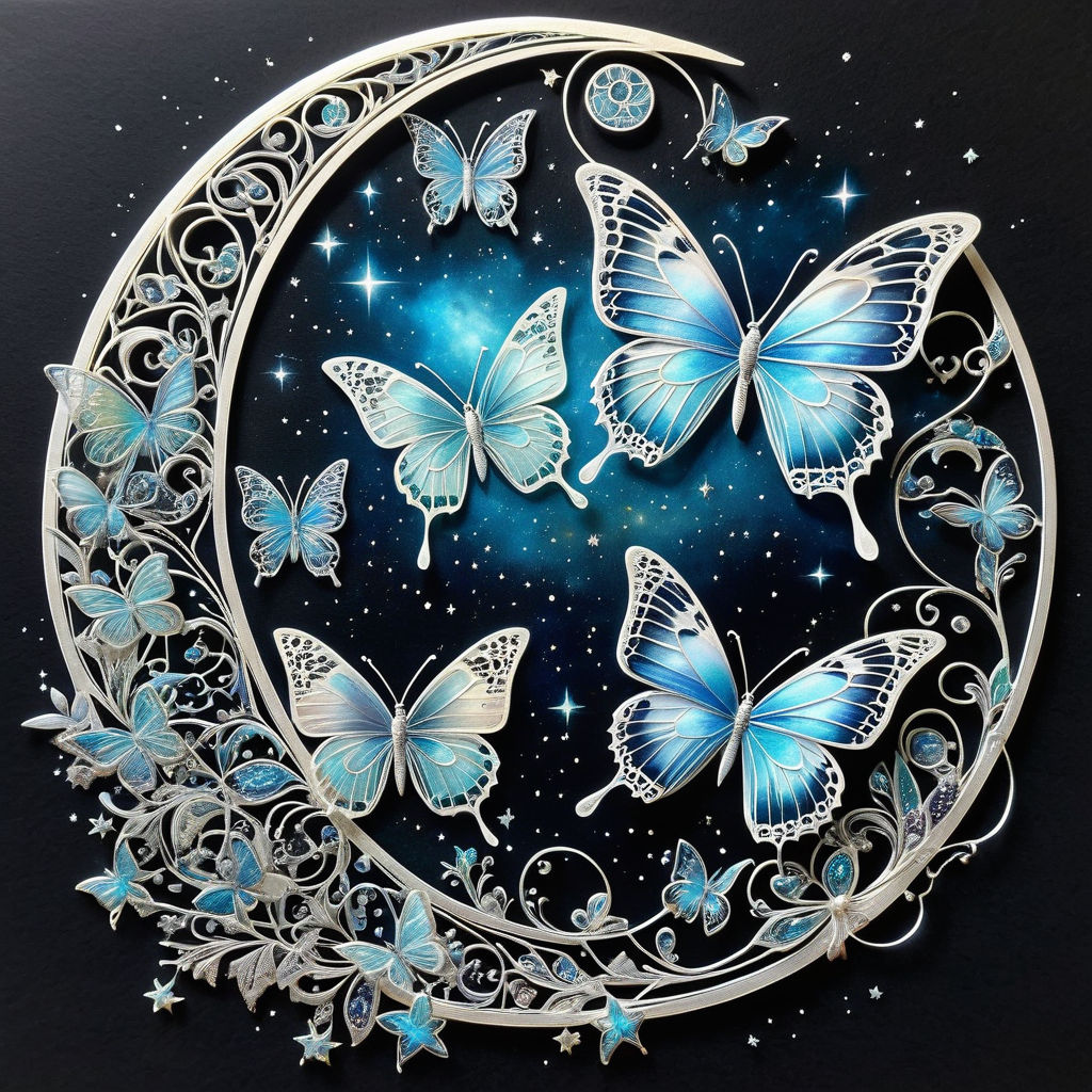 Blue butterflies surrounding an ornate crescent moon on starry background