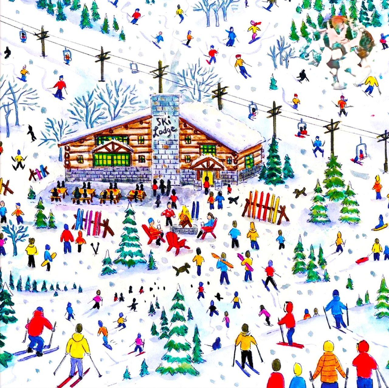 Illustrated ski resort with lodge, many colorful skiers on white slopes, fir trees, and ski lifts