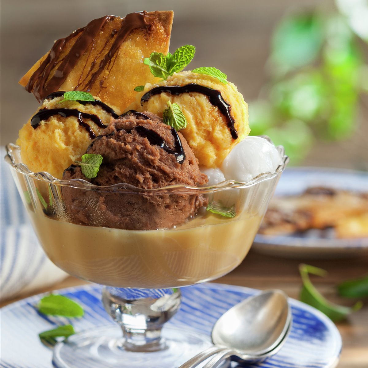 Chocolate and vanilla ice cream in a glass bowl with chocolate drizzle, mint, and a wafer garnish