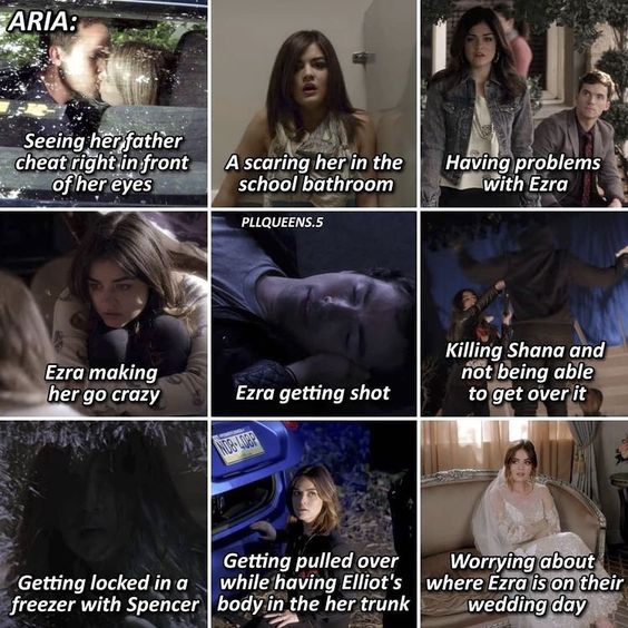 Square collage of nine dark TV scene images with white captions in each panel
