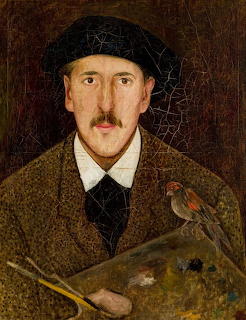 Self-portrait painting of mustachioed artist in cap holding palette with bird
