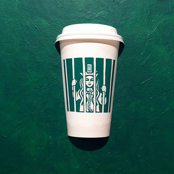 White takeaway coffee cup on a green surface with a stylized woman behind bars design