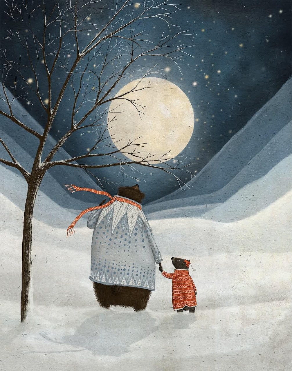 Illustration of two bears in scarves walking in snowy hills under a full moon at night