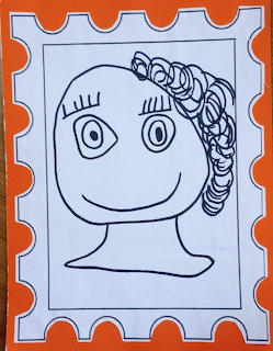 Child-style black line drawing of a smiling girl face with curly hair on white background with orange stamp border