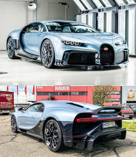 Silver-blue Bugatti Chiron Profilée shown from front and rear angles outdoors