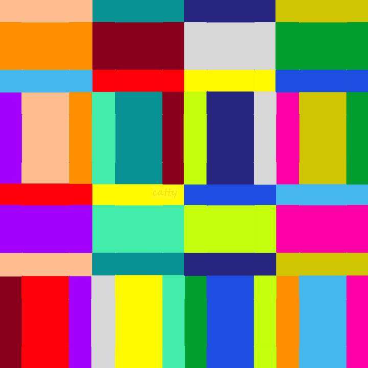 Abstract grid pattern with bright colored rectangles in red, blue, yellow, green, purple, orange, pink, and cyan
