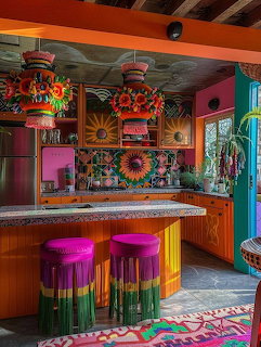Brightly colored bohemian kitchen with pink walls, ornate chandeliers, and colorful fringed bar stools