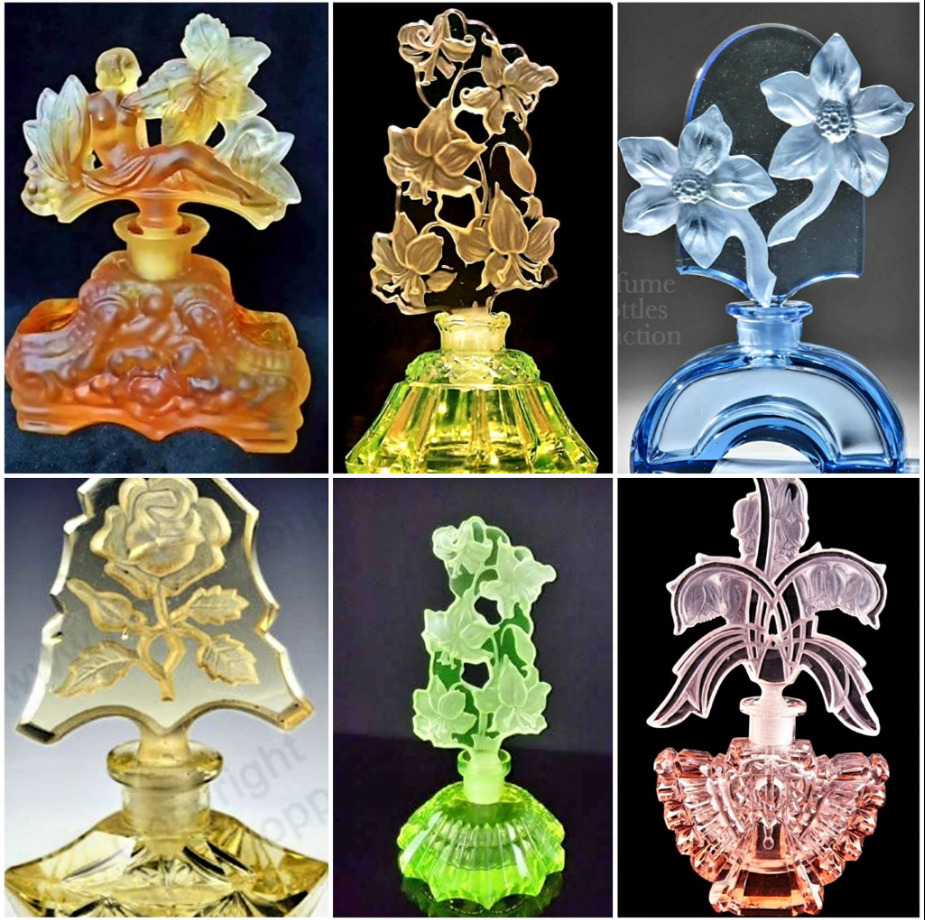 Six decorative perfume bottles with floral stoppers arranged in a collage on a dark background