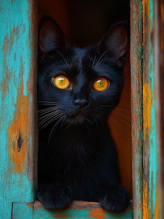 Black cat with bright yellow eyes looking through a colorful peling paint wooden frame
