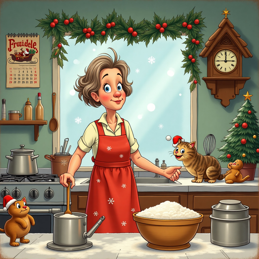 Cartoon woman in red apron baking in Christmas-decorated kitchen with garland and tree