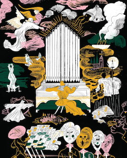 Surreal dark illustration with pipe organ, unicorn, ghosts, masks, and mythical figures in green, pink, and gold