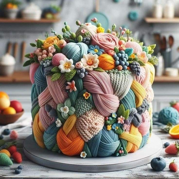 Pastel cake decorated with knitted yarn textures, flowers, and berries on a cake stand