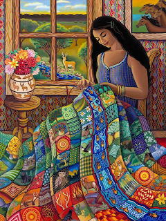 Woman sewing a colorful patchwork quilt by a sunny window in a cozy room with flowers and landscape views