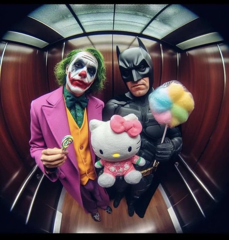 Hello Kitty plush between Batman and Joker cosplayers in elevator