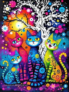 Five colorful patterned cats sitting beneath a white swirling tree with flowers and decorative elements