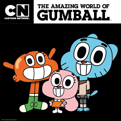 Three smiling cartoon characters from The Amazing World of Gumball on a black background