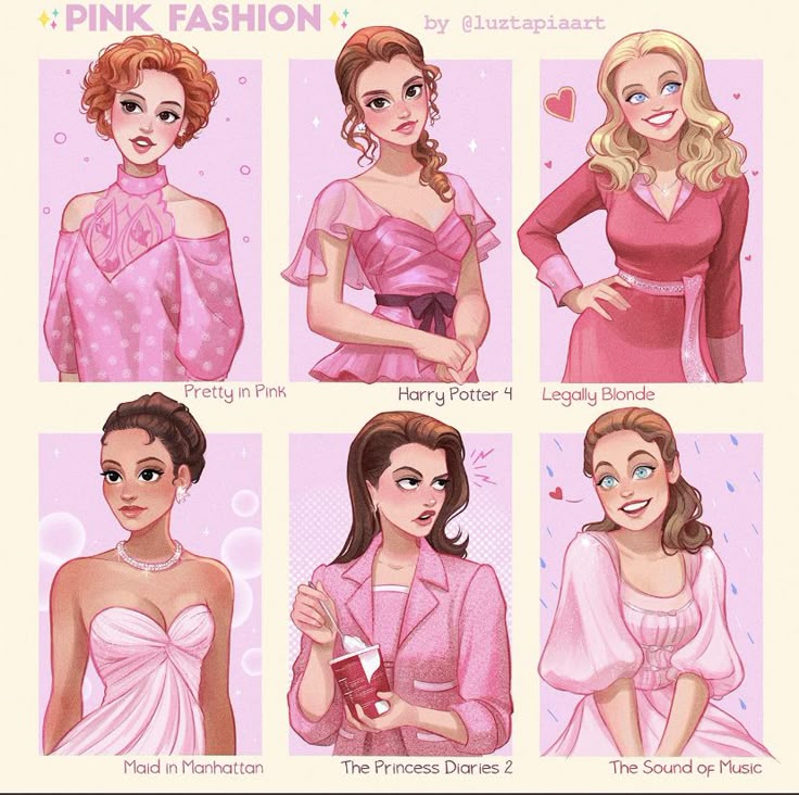 Six illustrated women wearing pink outfits in different styles, arranged in two rows of three