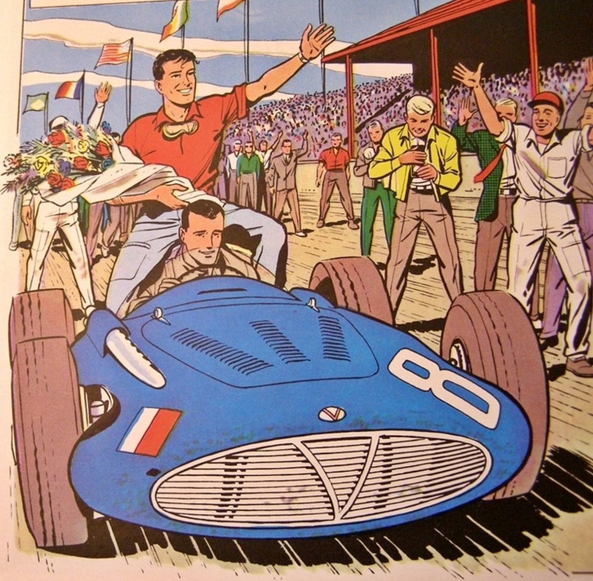 Illustration of a blue vintage race car with a celebrating driver and cheering spectators