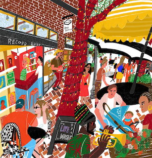 Colorful illustration of a busy street market with a record shop, musicians, and pedestrians near a large red tree