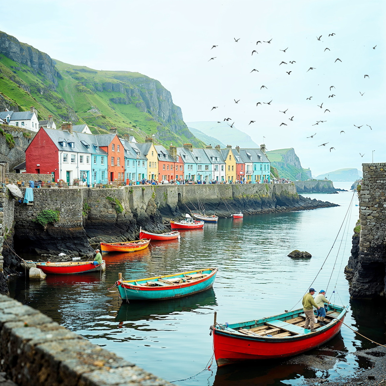 Colorful harbor village with small boats, rocky cliffs, and calm water in Scotland