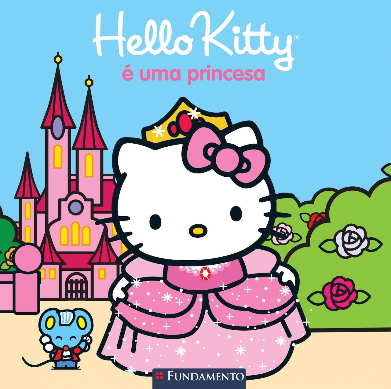Hello Kitty wearing pink princess dress with bow, standing in front of pink fairy tale castle