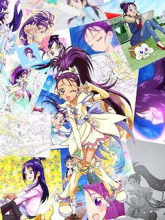 Collage of Pretty Cure anime illustrations showing magical girls with purple hair in various poses and outfits