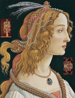 Renaissance profile portrait of young woman with ornate braided hairstyle and pearl jewelry