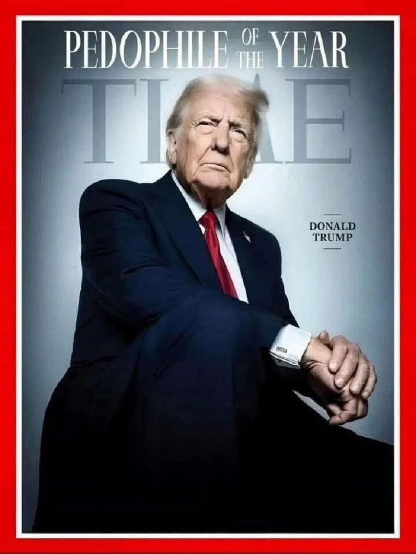 Magazine cover with portrait photo and text headline in red bordered frame