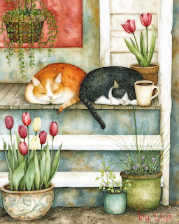 Watercolor painting of an orange and white cat and a gray cat sleeping on porch steps with tulips