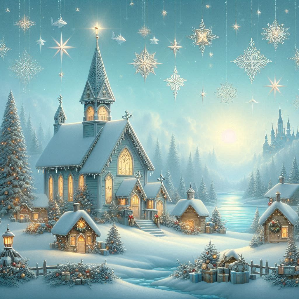 Snowy Christmas village scene with lit church and cottages under starry sky with decorative snowflakes