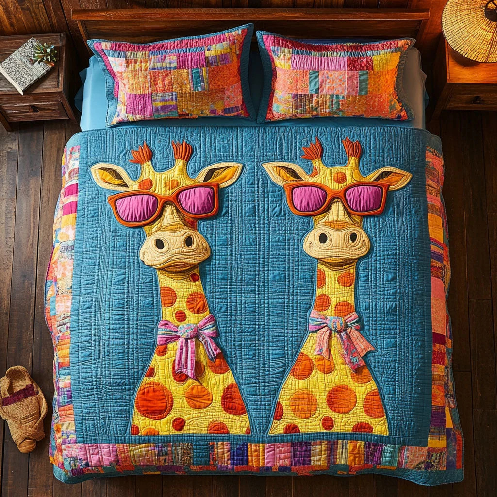 Quilted bed set with two cartoon giraffes in sunglasses on turquoise fabric with colorful geometric patchwork trim
