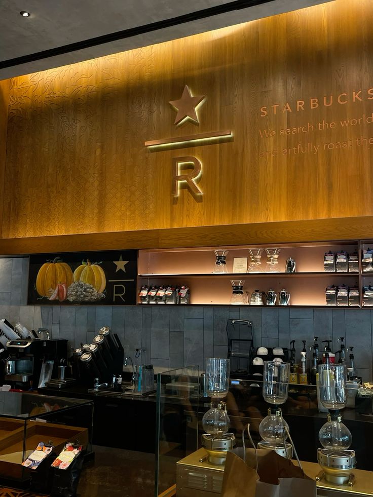 Starbucks Reserve cafe interior with wooden counter and warm lighting