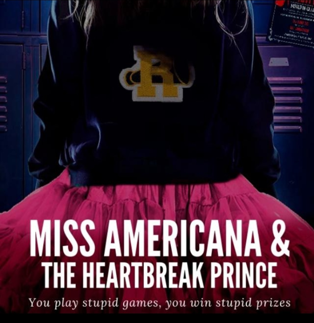 Poster-style image of a woman in a dark sweatshirt and pink skirt with Miss Americana title text