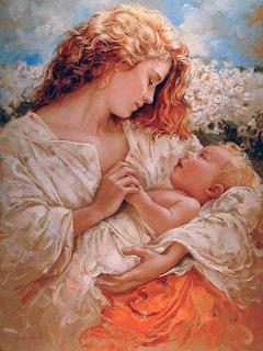 Painting of a mother with golden hair holding a sleeping baby against floral background