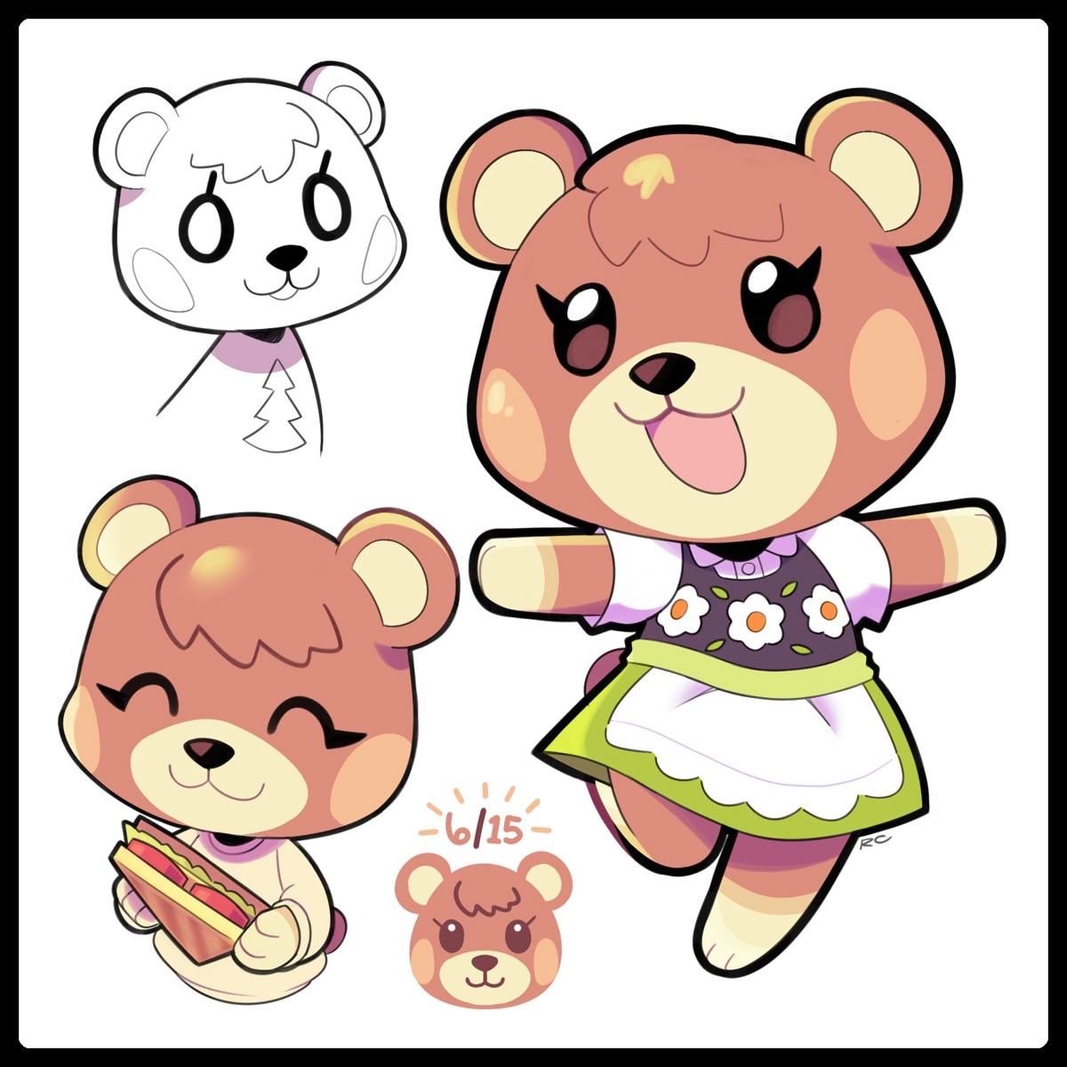 Cute cartoon bear character shown in multiple poses, including one wearing a floral dress