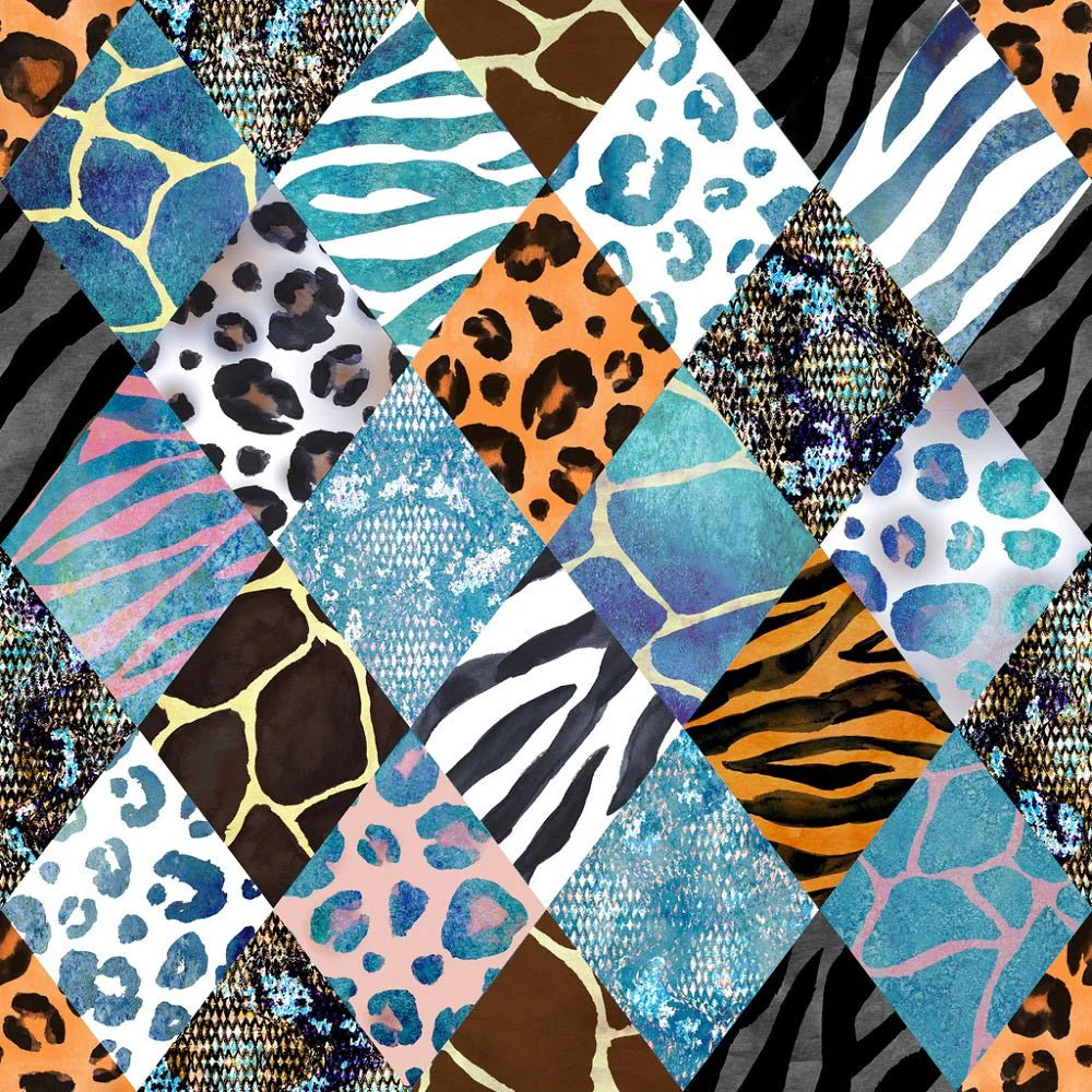 Colorful patchwork of various animal print patterns including leopard spots, zebra stripes, and giraffe textures