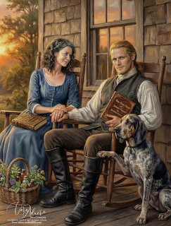 Painted couple sitting on a wooden porch holding hands with a dog beside them