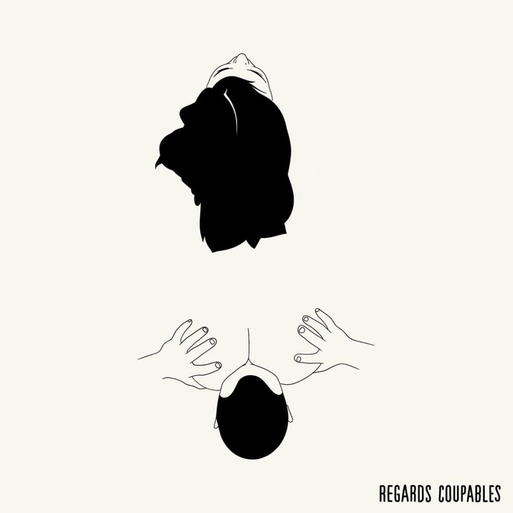 Minimalist black and white abstract face illustration with outlined hands on a plain background