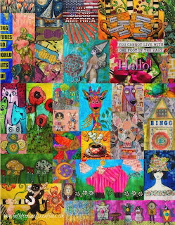 Busy collage of vibrant pop art, retro ads, psychedelic patterns, and colorful vintage graphics arranged in a dense grid