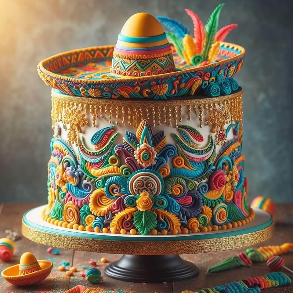 Elaborate tiered cake decorated with vibrant Mexican patterns and topped with a miniature sombrero hat