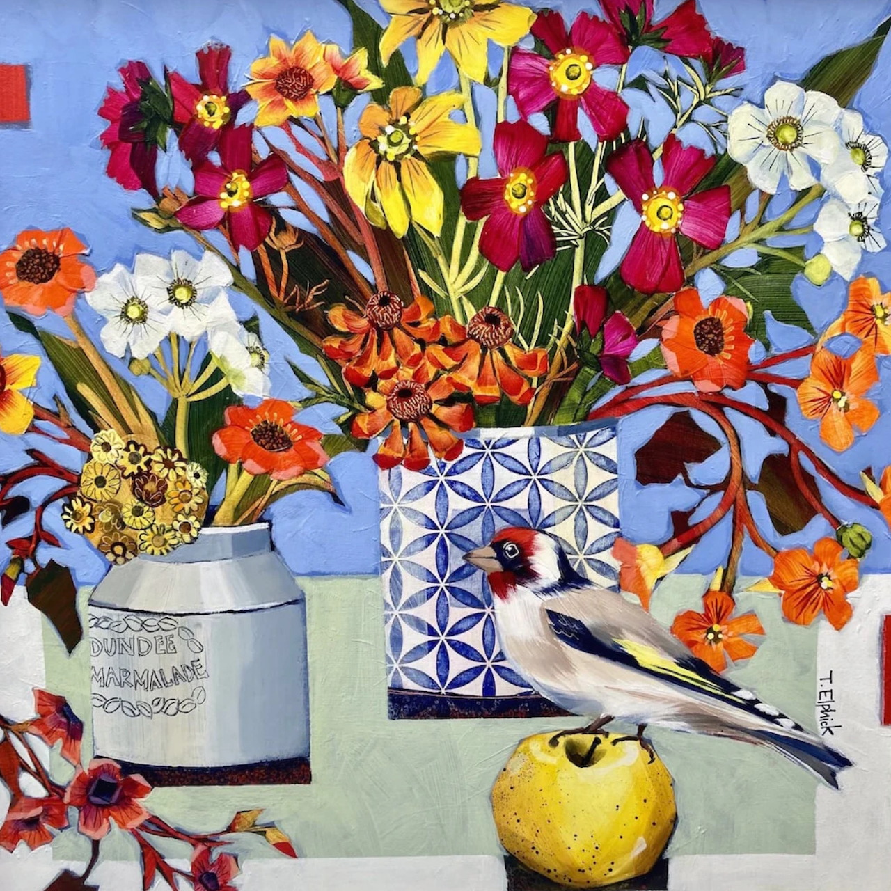 Colorful still life painting with goldfinch, flowers in patterned vases, and yellow apple
