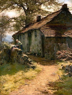 Painting of an old stone cottage with wooden roof surrounded by trees and dirt path