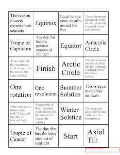 Astronomy seasons domino puzzle grid with terms like Equinox, Solstice, Arctic Circle, and Axial Tilt