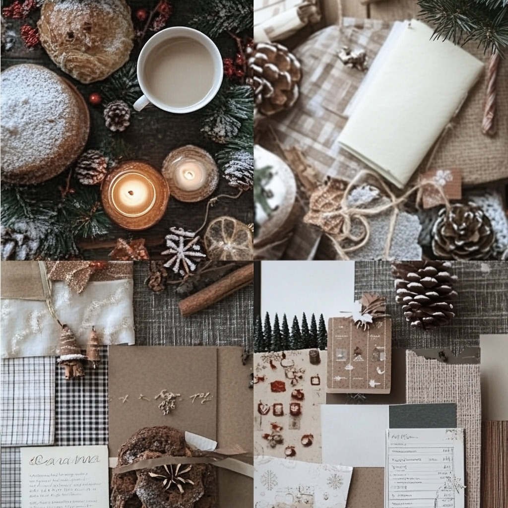 Overhead view of Christmas-themed mood board with candles, pine cones, gifts, and holiday decorations