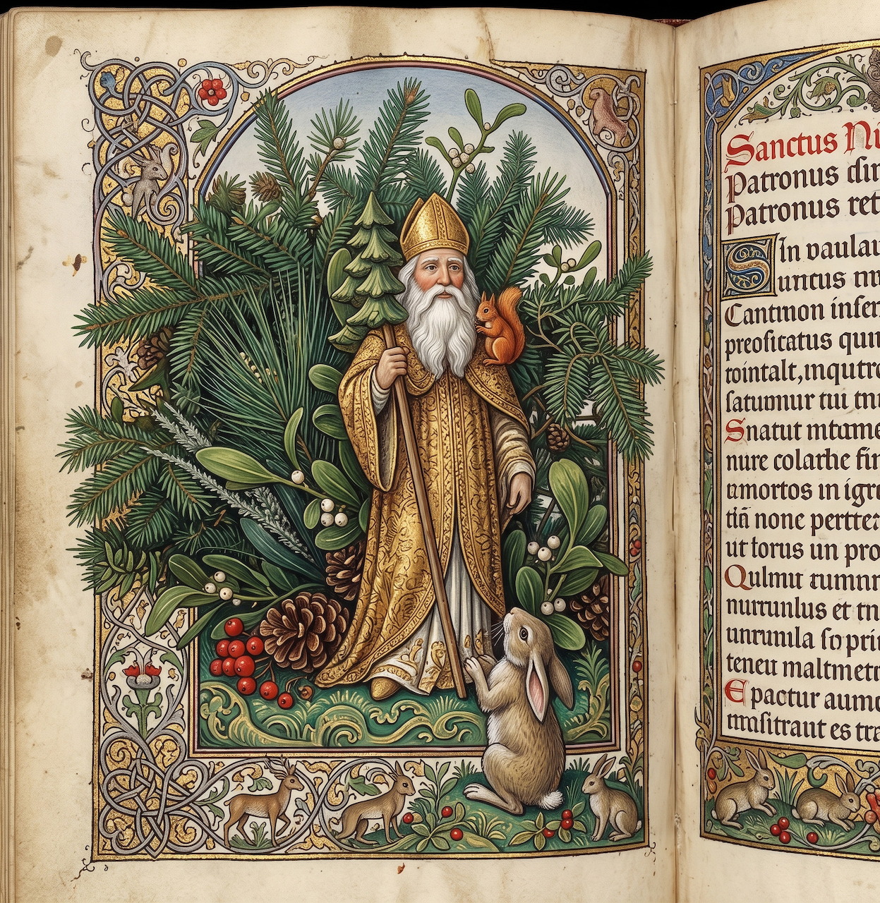Medieval manuscript illumination showing St. Nicholas in gold robes with forest animals and evergreen branches in decorated border