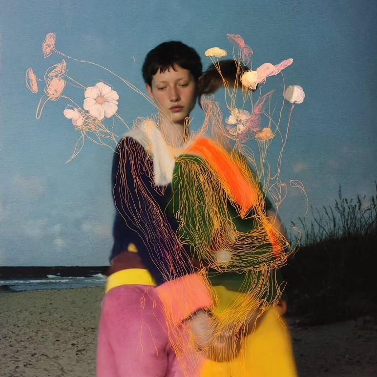 Woman in colorful embroidered garment with flowers in surreal mixed media art piece
