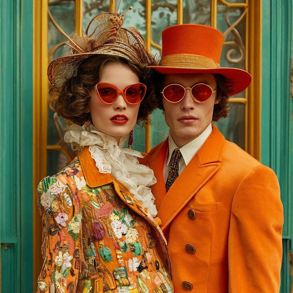 Two people in elaborate vintage orange clothing, hats, and sunglasses posing by ornate doors