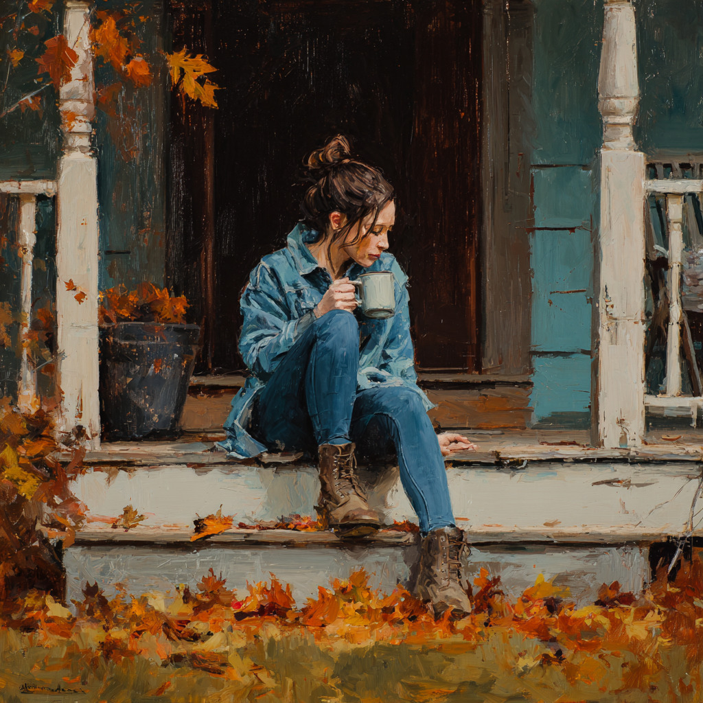 Woman in blue denim sitting on porch steps holding coffee mug, surrounded by orange and yellow fall leaves